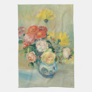 Vase of Roses and Dahlias Renoir Tea Towel