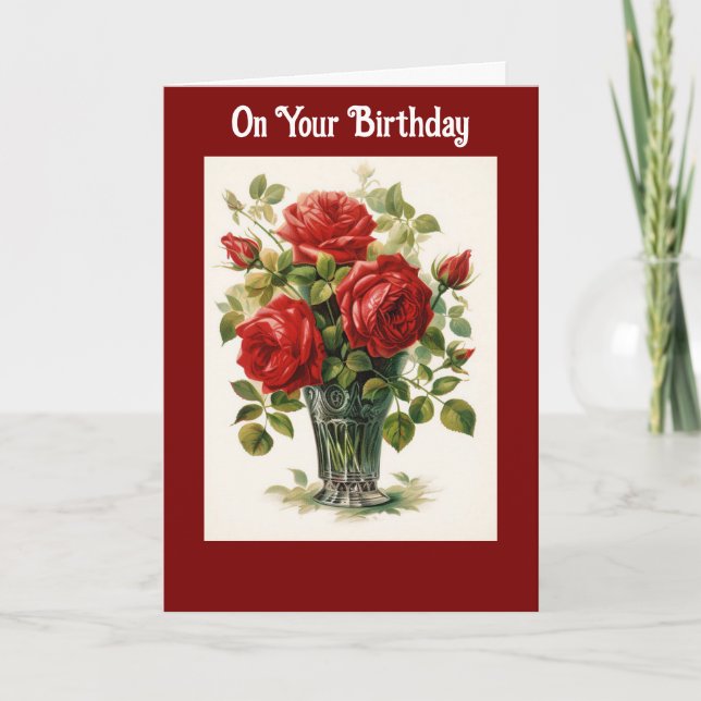 Vase Of Roses Birthday Greeting Card (Front)