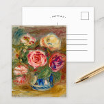 Vase of Roses | Renoir Postcard<br><div class="desc">Vase of Roses (1913-1915) | Original artwork by French Impressionist artist Pierre-Auguste Renoir (1841-1919). The fine art painting depicts an abstract impressionist still life of pink roses in a blue vase against a moody background. 

Use the design tools to add custom text or personalise the image.</div>