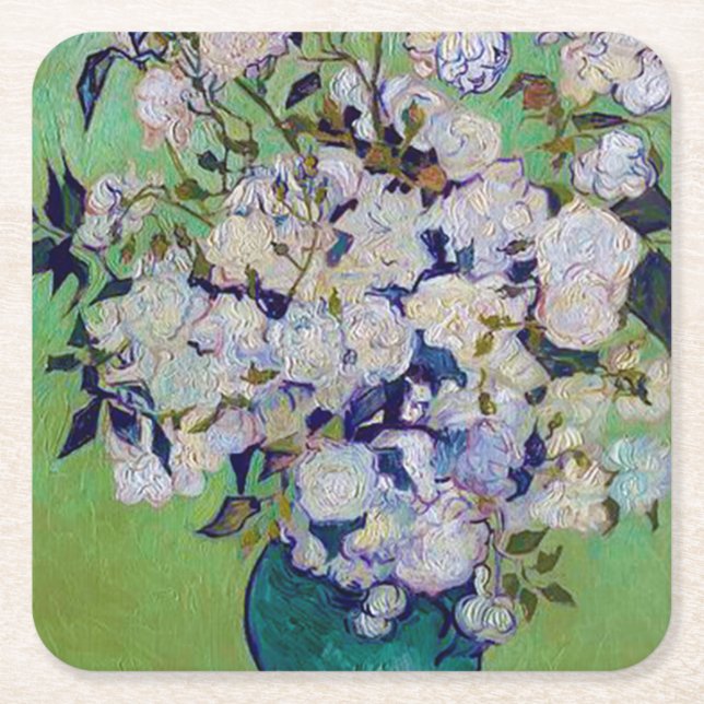 Vase of Roses, Vincent van Gogh Square Paper Coaster (Front)