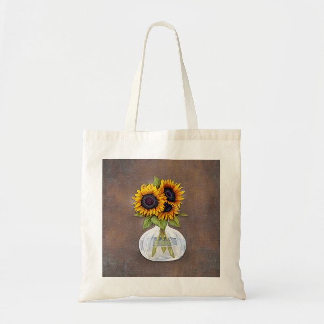 Vase of Sunflowers on Brown Rustic Tote Bag (Front)