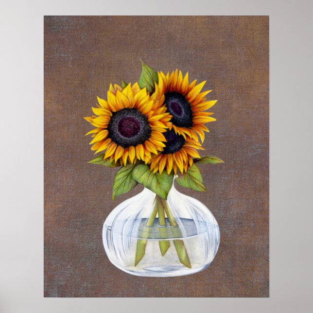 Vase of Sunflowers on Rustic Brown Poster (Front)