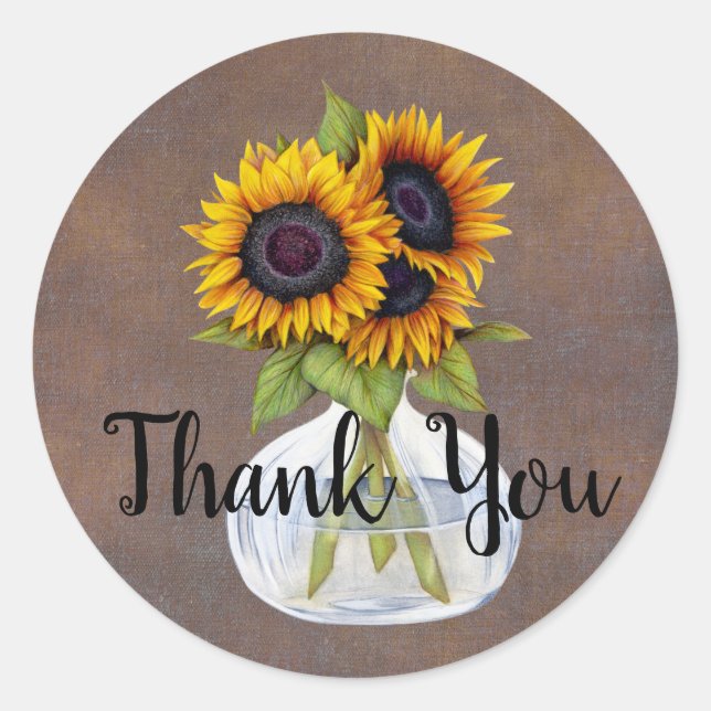 Vase of Sunflowers Rustic Brown Thank You Sticker (Front)