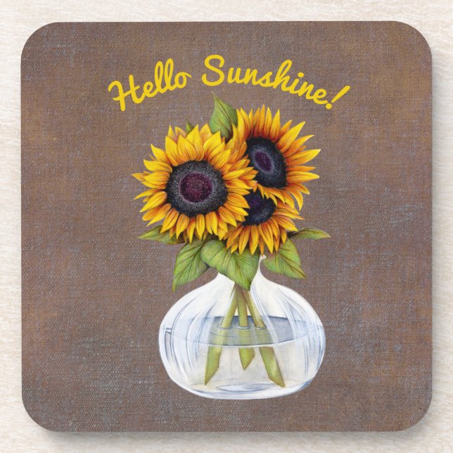 Vase of Three Beautiful Sunflowers on Brown Coaster (Front)