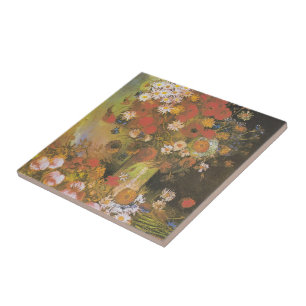 Vase with cornflowers&poppies, peonies&chrysanthem ceramic tile