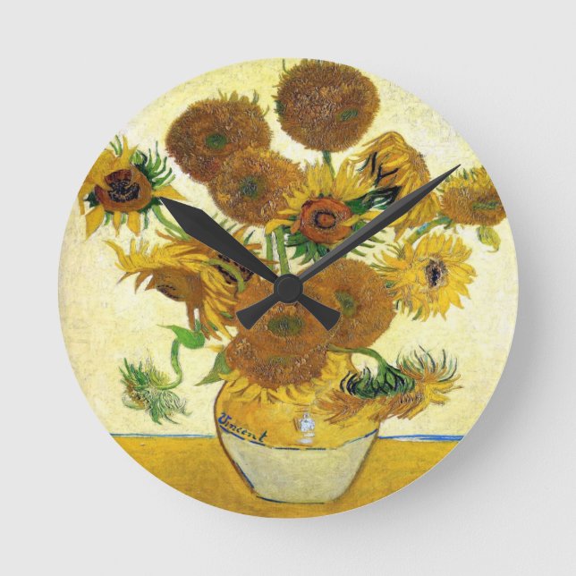 Vase With Fifteen Sunflowers By Vincent Van Gogh Round Clock (Front)