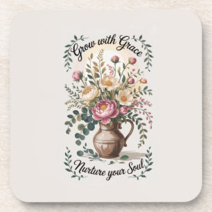 Vase With Florals Grow With Grace Quote Coaster