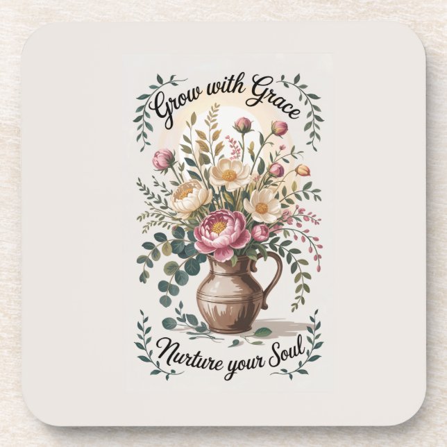 Vase With Florals Grow With Grace Quote Coaster (Front)