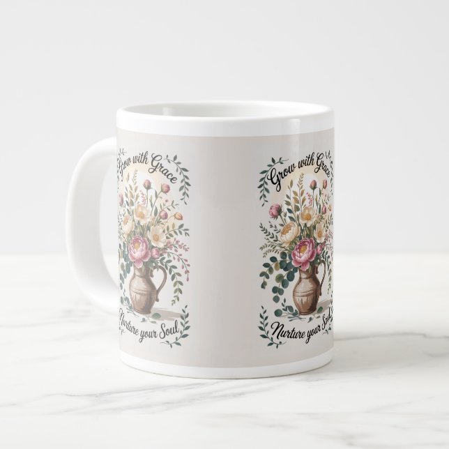 Vase With Florals Grow With Grace Quote Large Coffee Mug (Front Left)