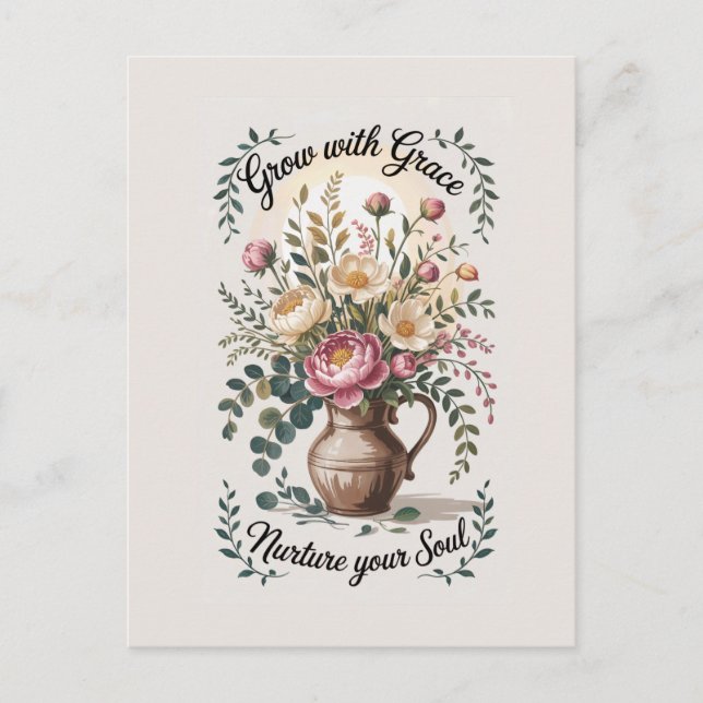 Vase With Florals Grow With Grace Quote Postcard (Front)