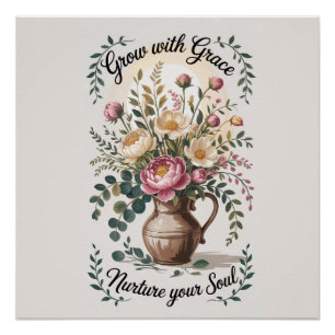 Vase With Florals Grow With Grace Quote Poster