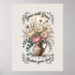 Vase With Florals Grow With Grace Quote Poster