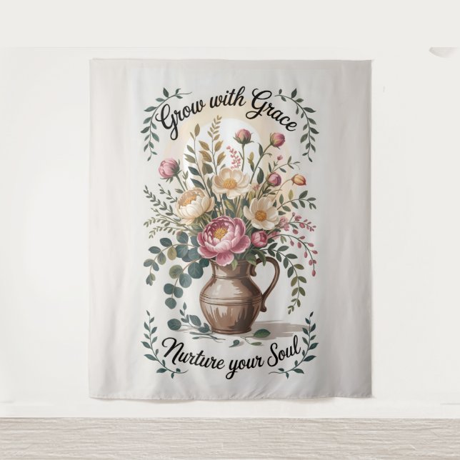 Vase With Florals Grow With Grace Quote Tapestry (Front)