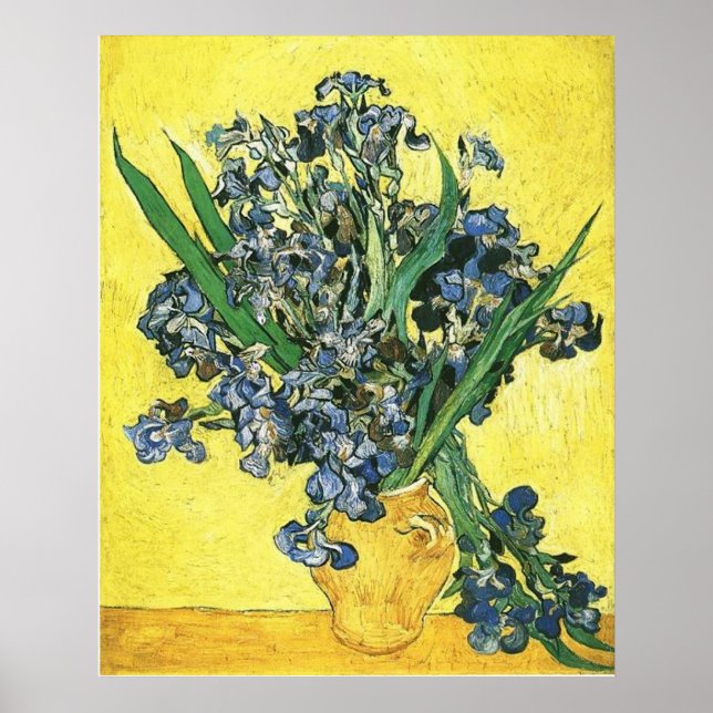 Vase with irises against yellow background poster (Front)