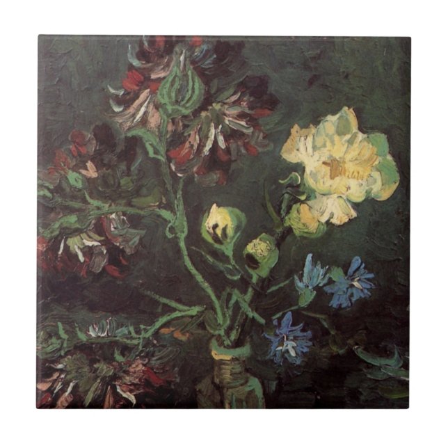 Vase with Myosotis and Peonies by Vincent van Gogh Ceramic Tile (Front)