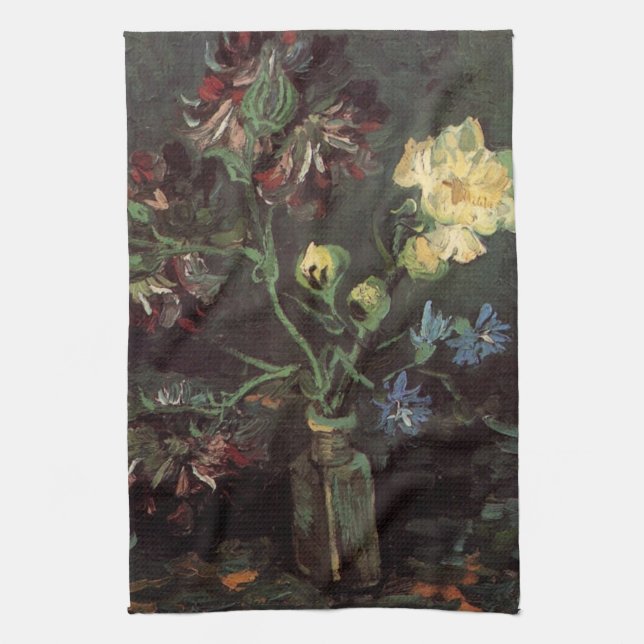 Vase with Myosotis and Peonies by Vincent van Gogh Tea Towel (Vertical)