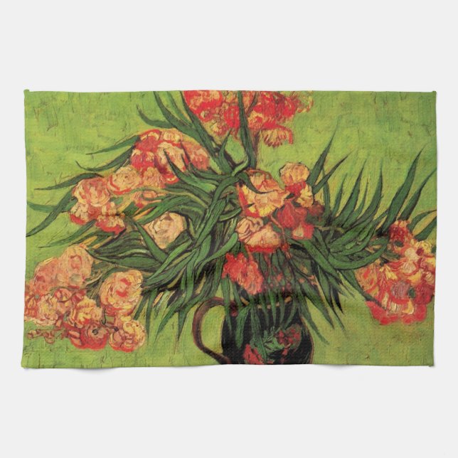 Vase with Oleanders and Books by Vincent van Gogh Tea Towel (Horizontal)