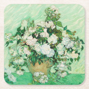 Vase with Pink Roses, Vincent Van Gogh Square Paper Coaster