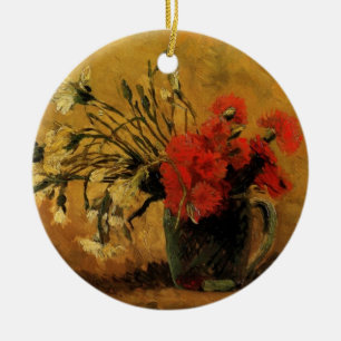 vase with red and white carnations, happy holidays ceramic ornament