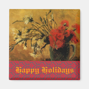 vase with red and white carnations, happy holidays magnet