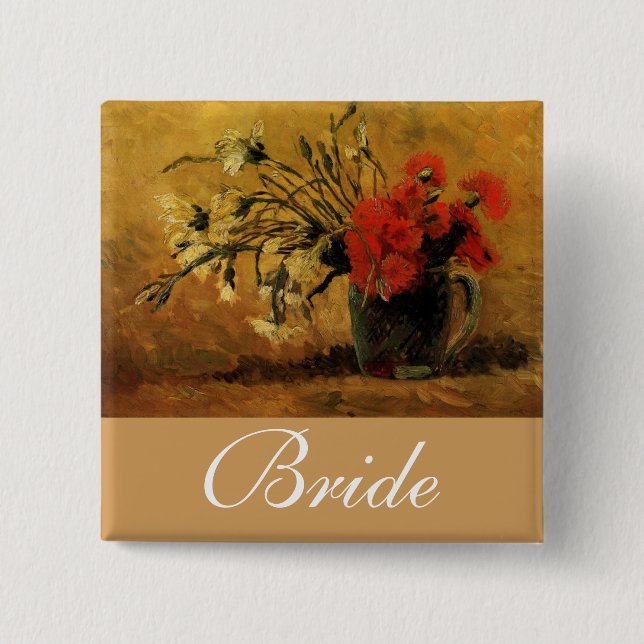 vase with red and white carnations, van Gogh 15 Cm Square Badge (Front)