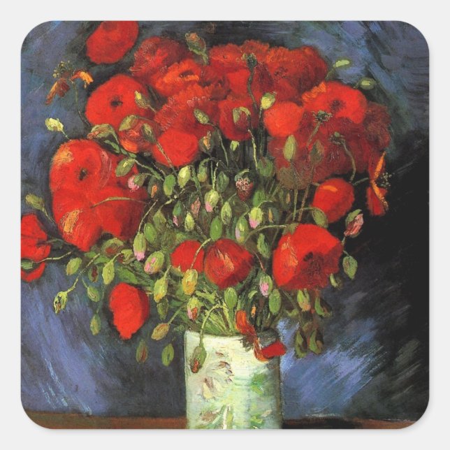 Vase with Red Poppies by Vincent van Gogh Square Sticker (Front)