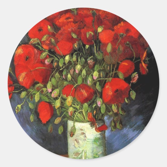 Vase with Red Poppies | Vincent van Gogh Classic Round Sticker (Front)