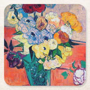Vase with Roses and Anemones, Van Gogh Square Paper Coaster