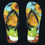 Vase with Three Sunflowers (1888) Van Gogh Unisex Thongs<br><div class="desc">This gorgeous pair of unisex Impressionism art Flip Flops🩴 features the delicate golden yellow sunflowers in Vase with Three Sunflowers (1888), a painting by the well-known Dutch Post-Impressionist painter Vincent van Gogh against a turquoise background. In August 1888, Van Gogh created four sunflowers, which still live in Arles' Yellow House....</div>