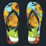 Vase with Three Sunflowers (1888) Van Gogh Unisex Thongs<br><div class="desc">This gorgeous pair of unisex Impressionism art Flip Flops🩴 features the delicate golden yellow sunflowers in Vase with Three Sunflowers (1888), a painting by the well-known Dutch Post-Impressionist painter Vincent van Gogh against a turquoise background. In August 1888, Van Gogh created four sunflowers, which still live in Arles' Yellow House....</div>