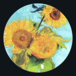 Vase with Three Sunflowers (1888) Vincent Van Gogh Classic Round Sticker<br><div class="desc">These sunflower scrapbook paper stickers showcase Van Gogh's "Vase with Three Sunflowers" (1888), featuring the lovely golden yellow sunflowers against the blue backdrop. Van Gogh created four still lifes with sunflowers in the Yellow House in Arles in August 1888. The two most famous of the latter two are the 14...</div>