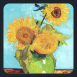 Vase with Three Sunflowers Van Gogh art paper Square Sticker<br><div class="desc">These Sunflowers scrapbook paper stickers depict Van Gogh's "Vase with Three Sunflowers, " depicting the gorgeous golden yellow sunflowers against the blue background (1888). In August 1888, Van Gogh created four still lives with sunflowers in the Yellow House in Arles. The two most famous of the latter two are the...</div>