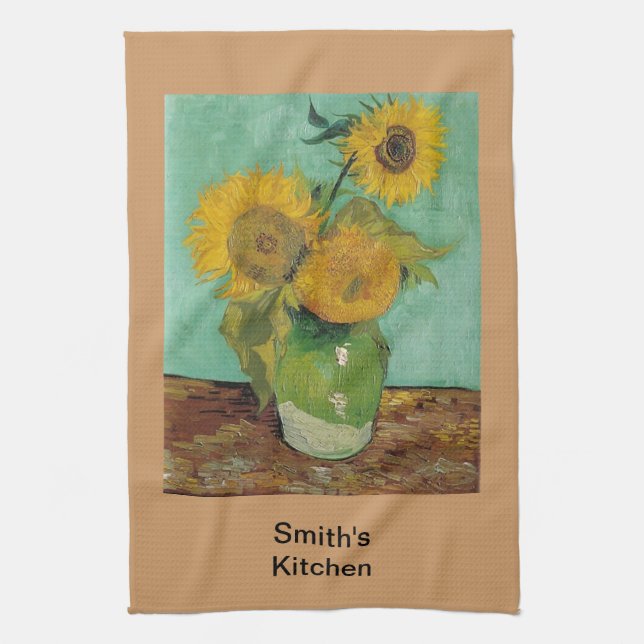 Vase with three sunflowers, Vincent van Gogh Tea Towel (Vertical)