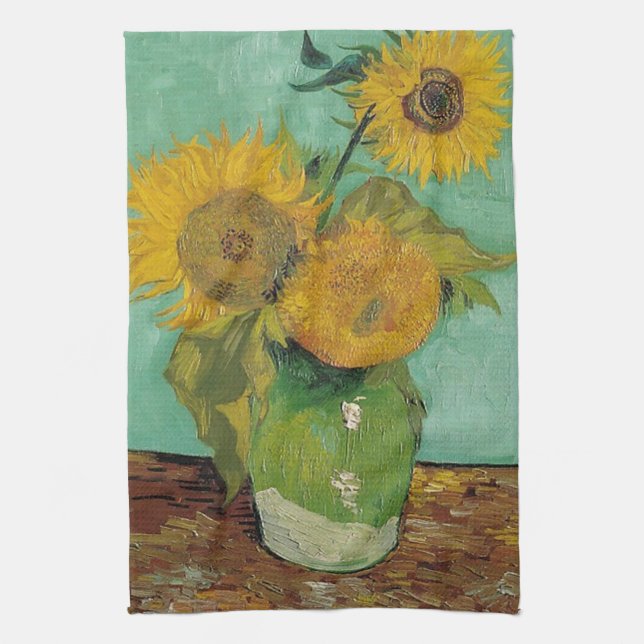 Vase with three sunflowers, Vincent van Gogh Tea Towel (Vertical)