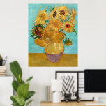 Vase with Twelve Sunflowers by Vincent Van Gogh  Poster<br><div class="desc">Vase with Twelve Sunflowers was completed by Vincent Van Gogh as part of the second series in August 1888 in Arles and is painted as oil on canvas. Van Gogh was intent on focusing on creating 'broken yellows' which would 'burst against various blue backgrounds', almost like a stained-glass window in...</div>