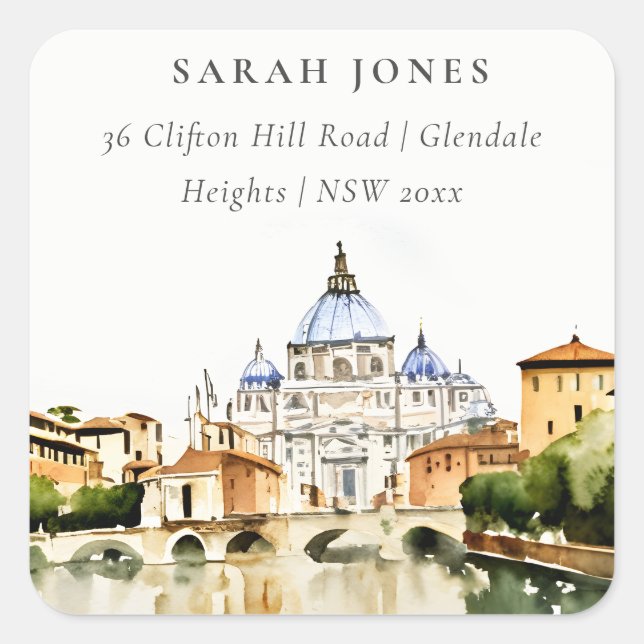 Vatican Rome Italy Watercolor Landscape Address Square Sticker (Front)
