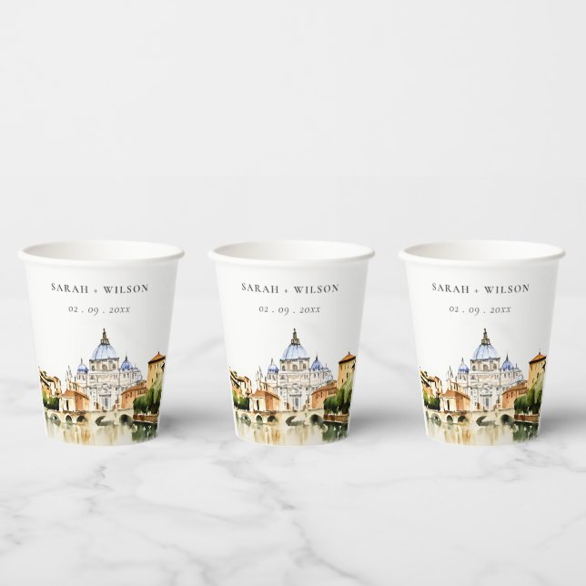 Vatican Rome Italy Watercolor Landscape Wedding Paper Cups (Multi)
