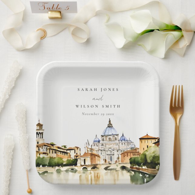Vatican Rome Italy Watercolor Landscape Wedding Paper Plate (Wedding)