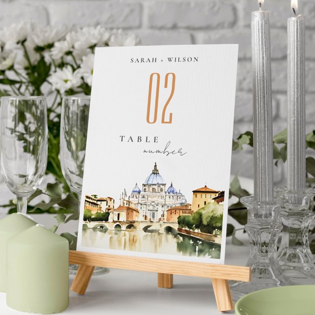Vatican Rome Italy Watercolor Landscape Wedding Table Number (Creator Uploaded)