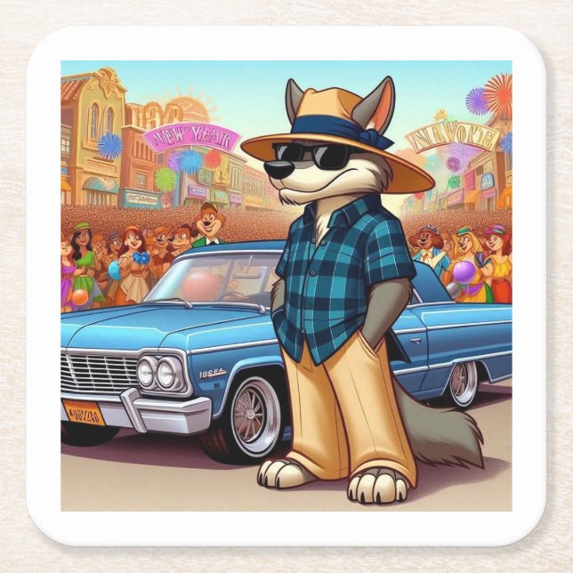 Vato Lobo "New Year" Square Paper Coaster (Front)