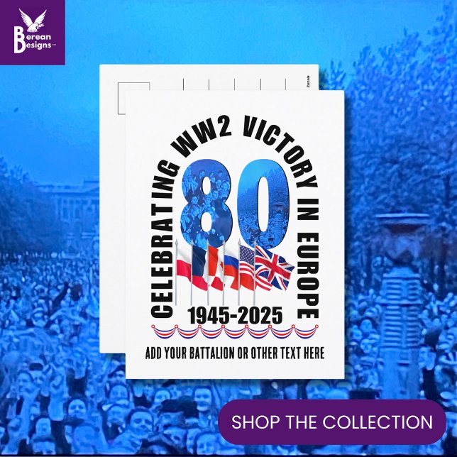VE DAY 80th Anniversary Victory in Europe WW2 Holiday Postcard (Victory in Europe VE Day 80th Anniversary postcard with customizable text to send to family/friends)