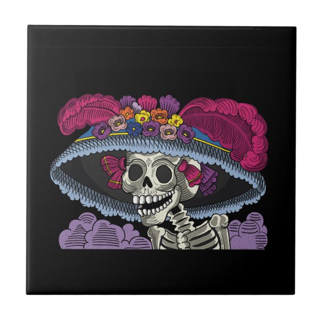 Vector catrina skull mexican ceramic tile (Front)