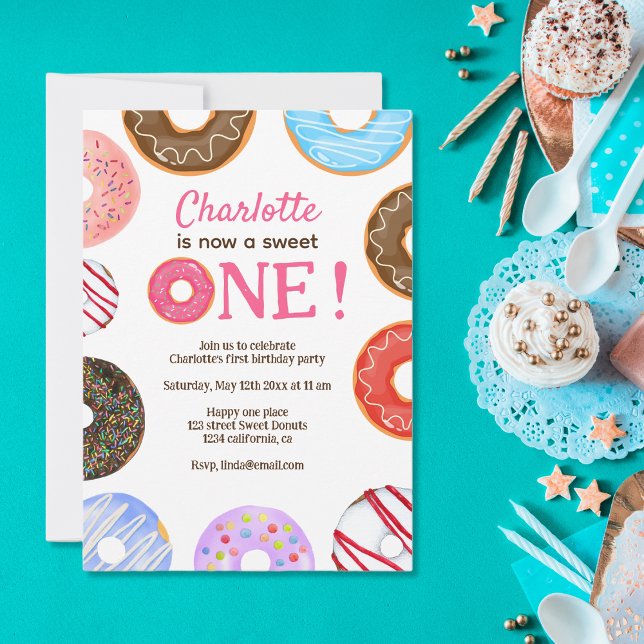 Vector Cute doughnuts Sweet One 1st birthday Invitation (Creator Uploaded)