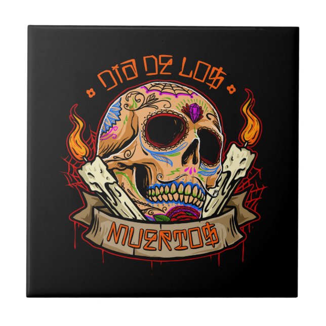 Vector dia de los muertos skull ceramic tile (Front)
