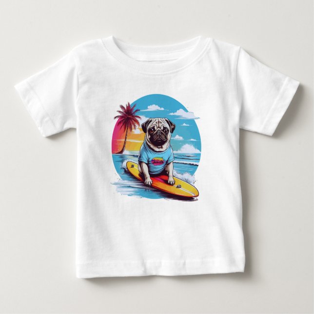 Vector dog surfing in the waves baby T-Shirt (Front)