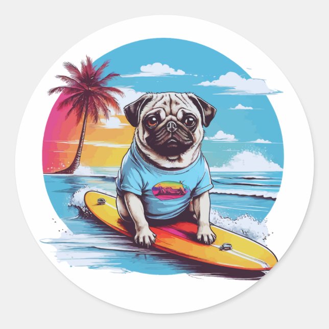 Vector dog surfing in the waves classic round sticker (Front)