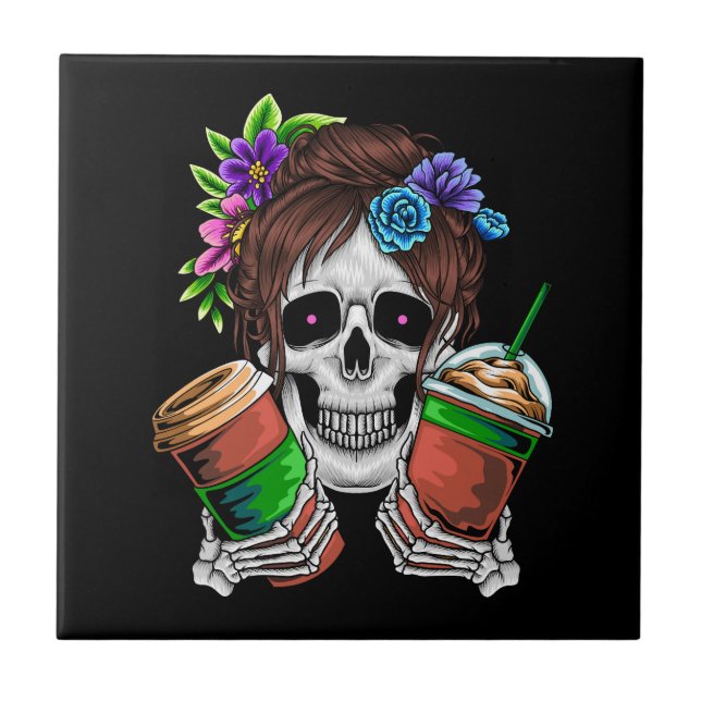 Vector female skull with ice coffee and flower ceramic tile (Front)