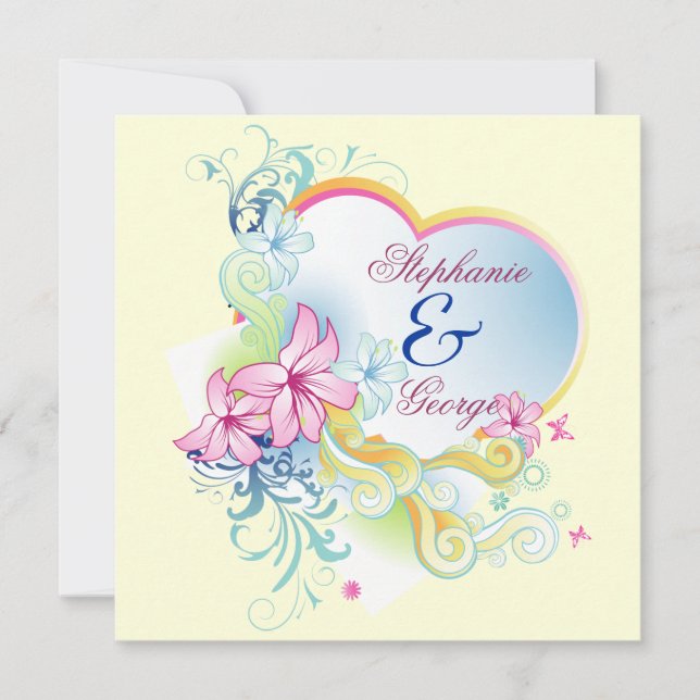 Vector Flowers And Heart Save The Date Wedding Invitation (Front)