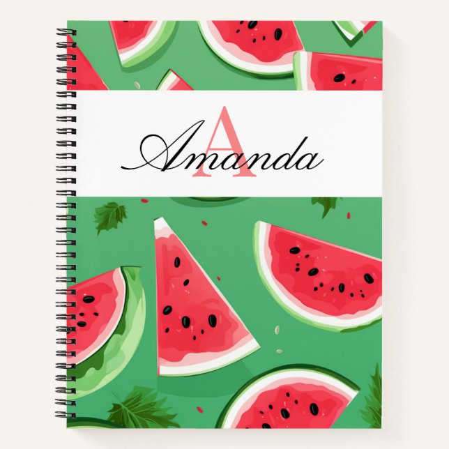 Vector Green Watermelon Initial Pattern Monogramed Notebook (Front)