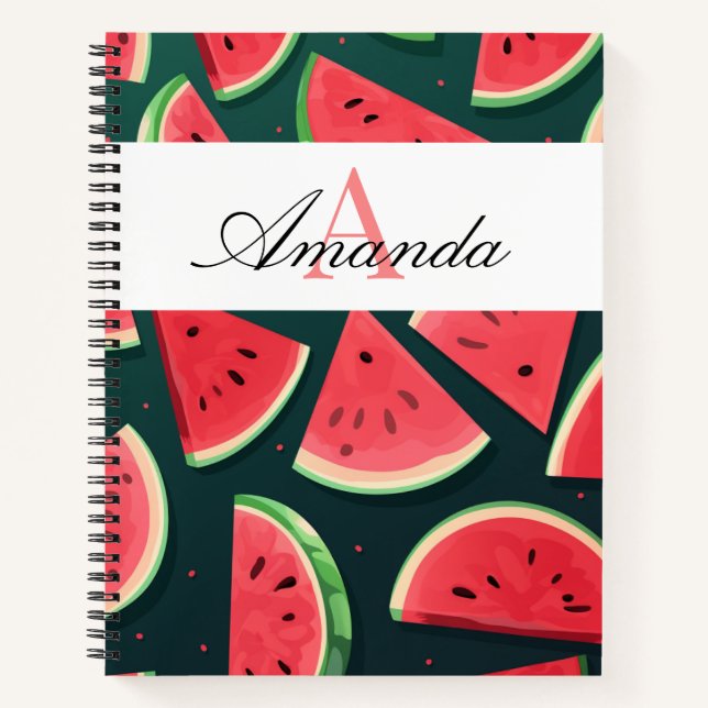 Vector Green Watermelon Name Pattern Monogramed Notebook (Front)